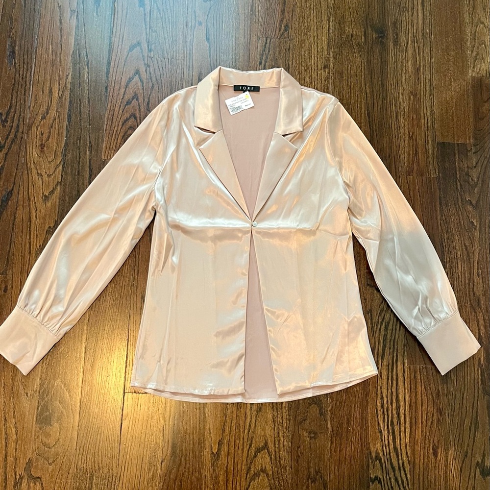 FORE Satin Button-Up Shirt in Beige
